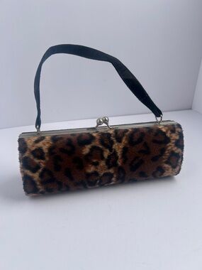 Leopard Print Faux Fur Clutch Handbag with Top Handle